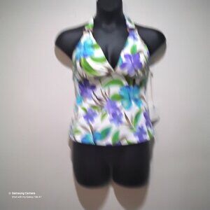 Caribbean Joe White & Purple Floral Halter Tankini Tie Top Separates NWT 12